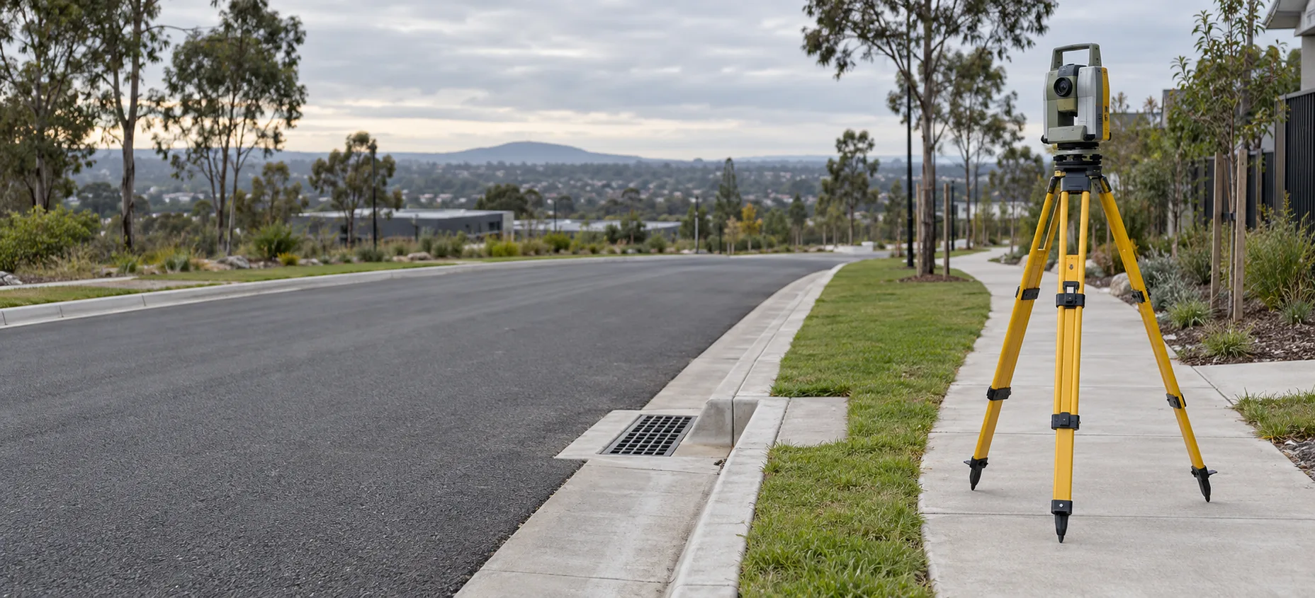 Illustrative view of a survey instrument beside road and stormwater drainage assets